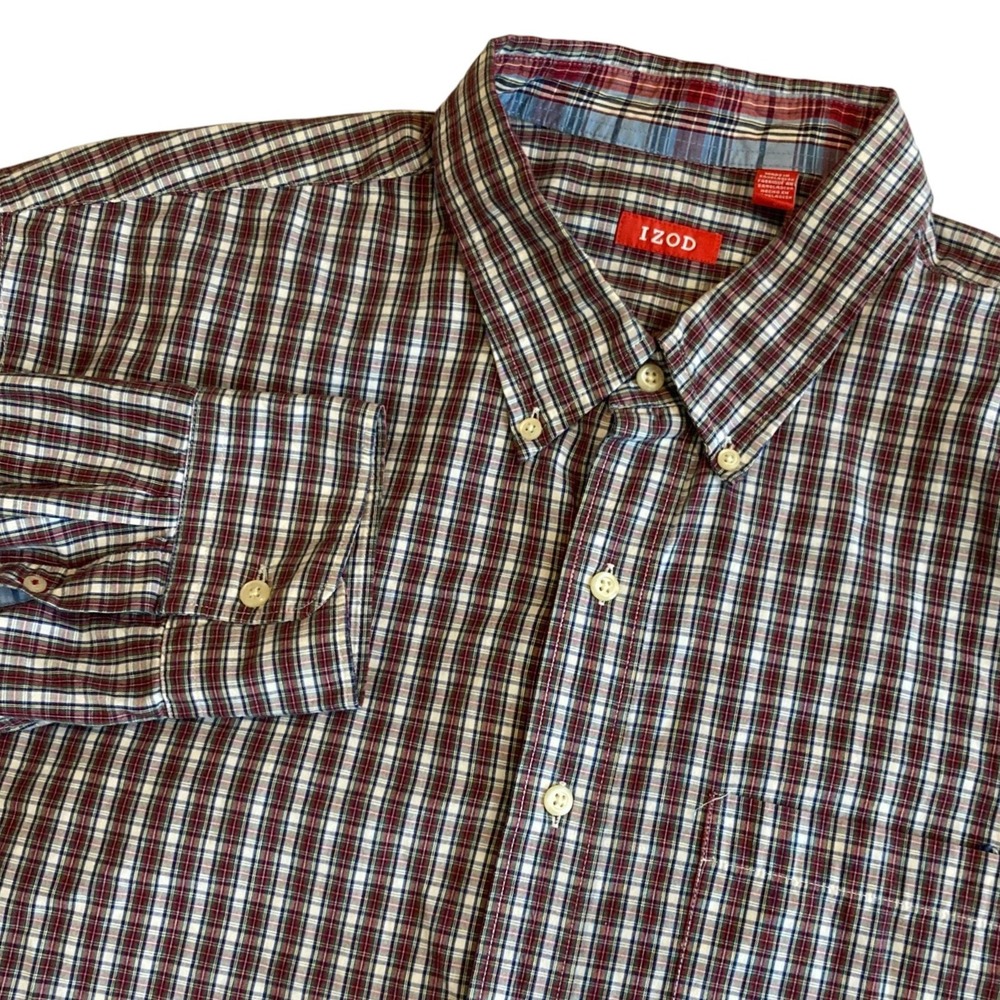 IZOD Mens 2XL XXL Heritage Tartan Plaid Button Down Shirt Red White Blue 45FW173